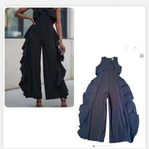 Est. 1946 Chic Black wide leg Ruffle Jumpsuit Sleeveless stretchy Size Large NWT